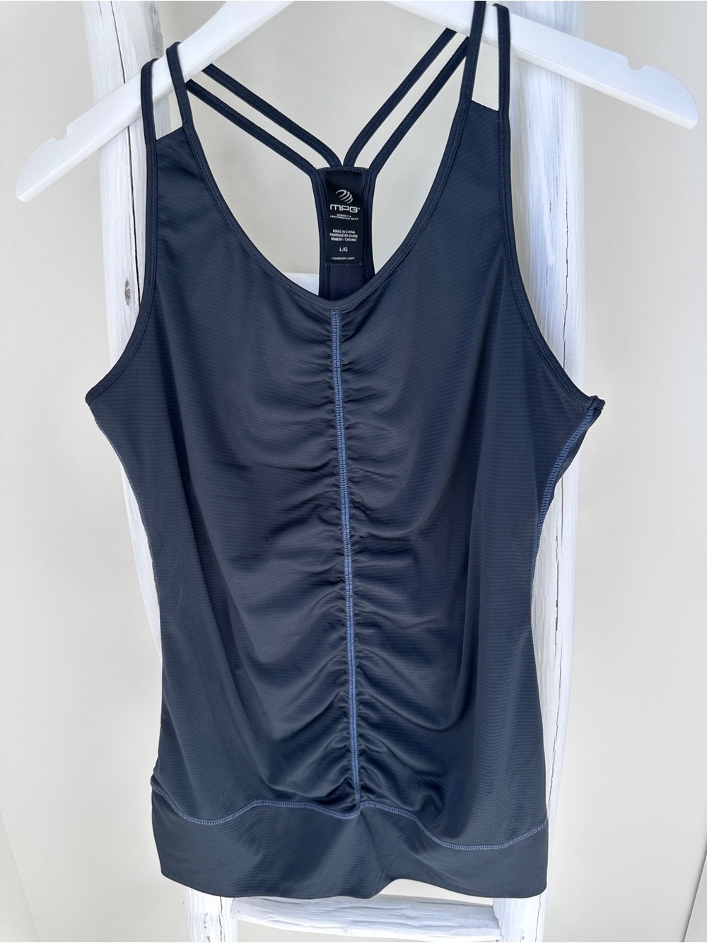 MPG Dark Grey Ruched Double-Strap Tank Top Mesh Back Size Large